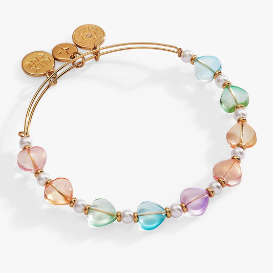 Colorful Heart Beaded Bangle by ALEX AND ANI with pastel glass heart beads on gold-tone coils on Tampa Home & Garden Store
