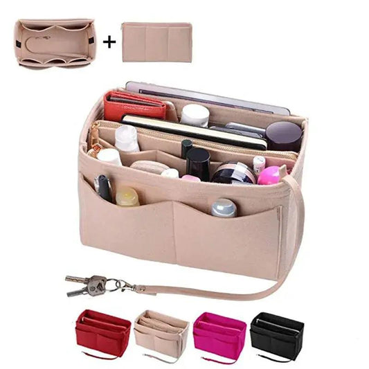 Tan multi-pocket makeup bag with interior pockets detachable strap red beige pink black variants on Tampa Home & Garden Store