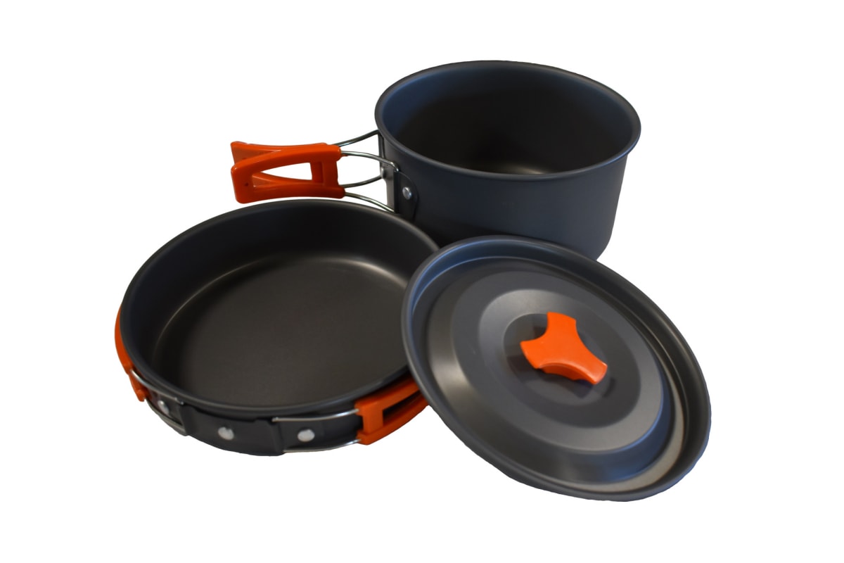 Pot pan large set 3-piece camping cookware with orange handles and lid on Tampa Home & Garden Store