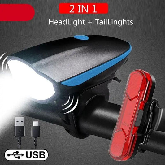 Stevvex 2-in-1 bicycle light 2-pack with LED headlight and red tail light, USB charging cable on Tampa Home & Garden Store