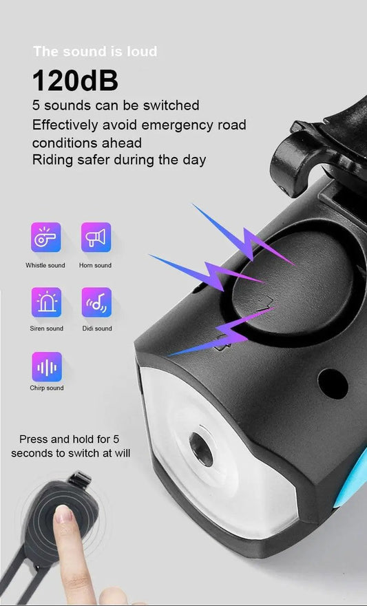 Multifunction bicycle horn and LED light unit in black with circular button; remote dial press on Tampa Home & Garden Store