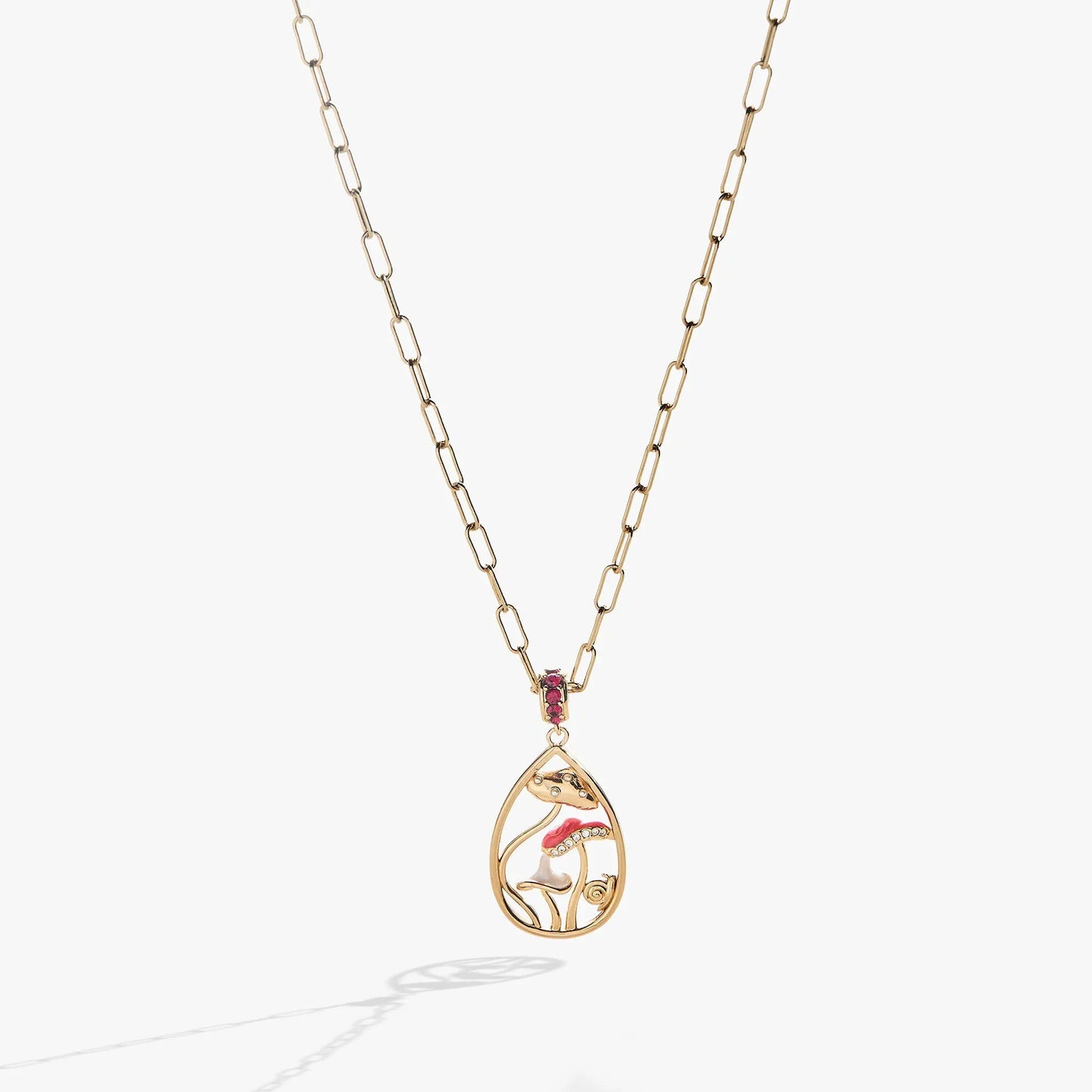 Alex and Ani Mushroom Pendant Necklace in gold-tone teardrop frame with pink stones on Tampa Home & Garden Store