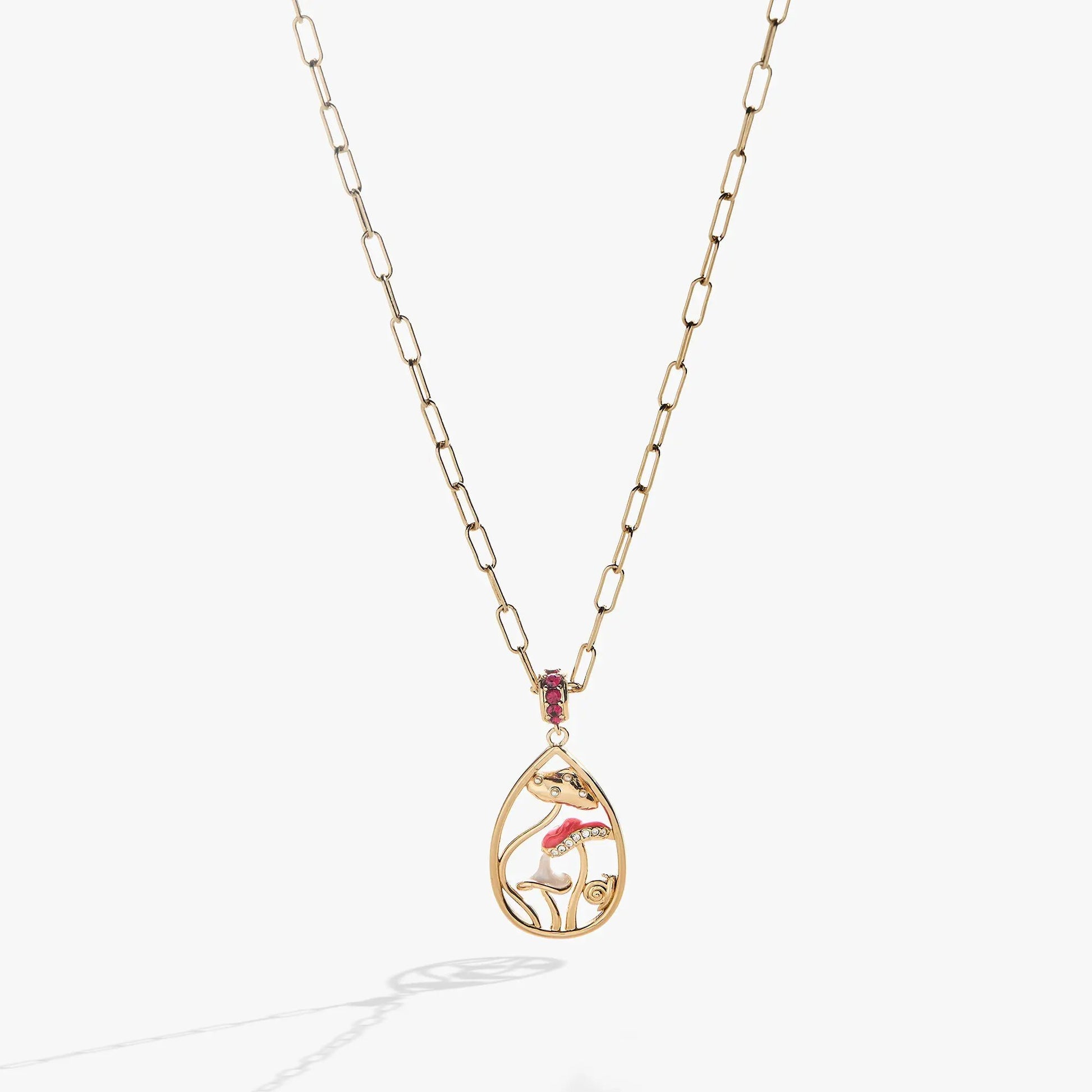 Alex and Ani Mushroom Pendant Necklace in gold-tone teardrop frame with pink stones on Tampa Home & Garden Store