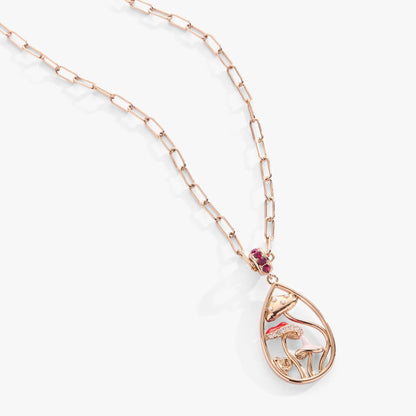 Mushroom pendant necklace by ALEX AND ANi in rose gold with pink stones on a link chain on Tampa Home & Garden Store