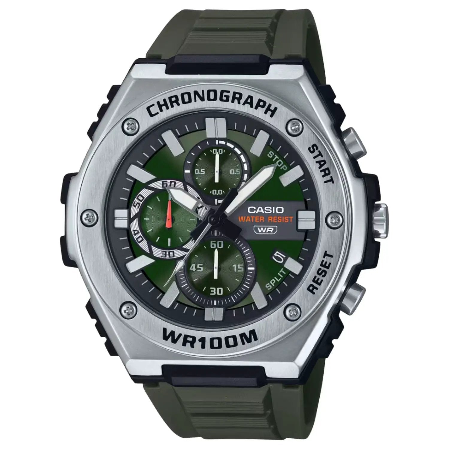 Casio Men's Bold chronograph watch with green dial, stainless steel bezel and olive strap on Tampa Home & Garden Store