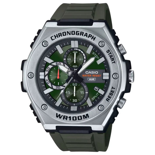 Casio Men's Bold chronograph watch with green dial, stainless steel bezel and olive strap on Tampa Home & Garden Store