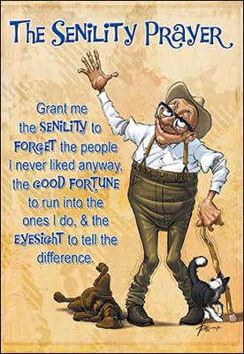 Birthday Card for His Senility Prayer, humorous cartoon man with cane, dog and cat, blue text on Tampa Home & Garden Store