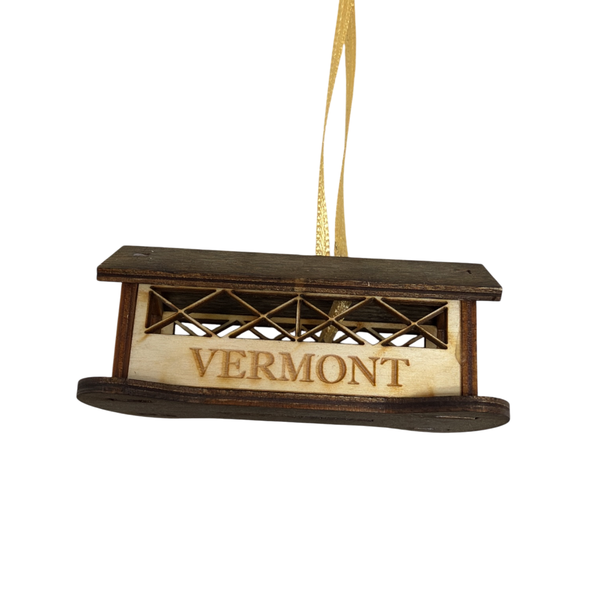 Wooden Vermont Covered Bridge Ornament with lattice sides and rustic finish on display on Tampa Home & Garden Store