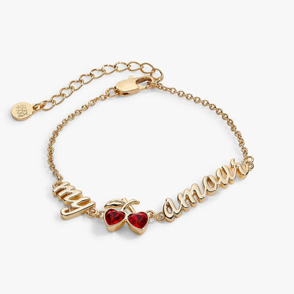My Cherry Amour In-Line Chain Bracelet by ALEX AND ANI, gold-tone with red heart charms on Tampa Home & Garden Store