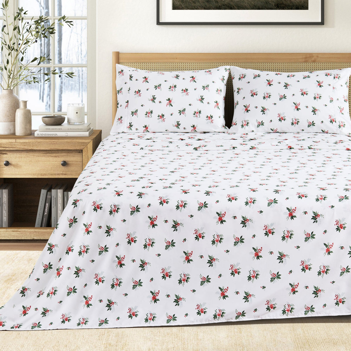 Printed Sheet Set Baylor Collection bed sheets by Great Bay Home in white with red floral print on Tampa Home & Garden Store