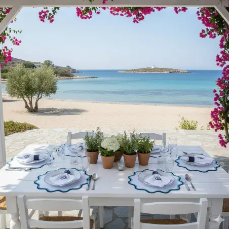 Mykonos placemats with blue trim on white coastal dining table, set of 6 by Talah Home on Tampa Home & Garden Store