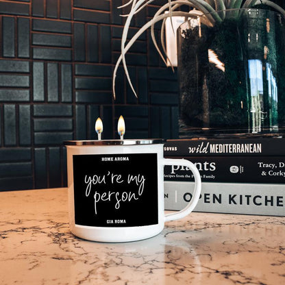 16oz candle mug white ceramic Gia Roma with black label youre my person and double wicks on Tampa Home & Garden Store
