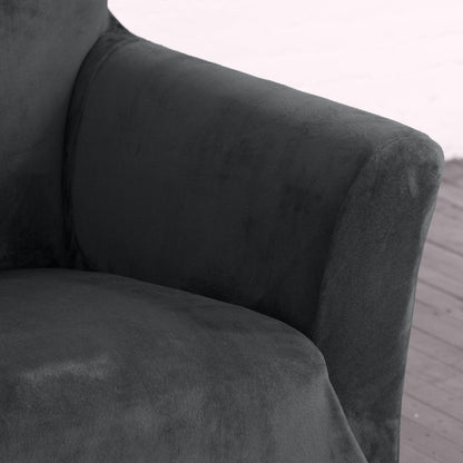 Velvet Stretch Slipcover Gale Collection on dark gray sofa armrest close-up Great Bay Home on Tampa Home & Garden Store