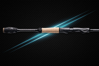 Myriad Denali fishing rods with cork grip and black handle, carbon fiber backdrop on Tampa Home & Garden Store