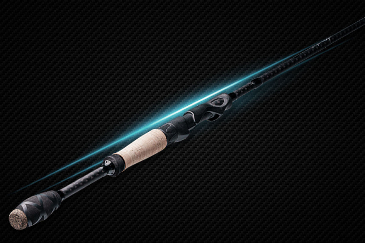 Denali Myriad rod with cork grip, black carbon blank, turquoise glow along the shaft on Tampa Home & Garden Store