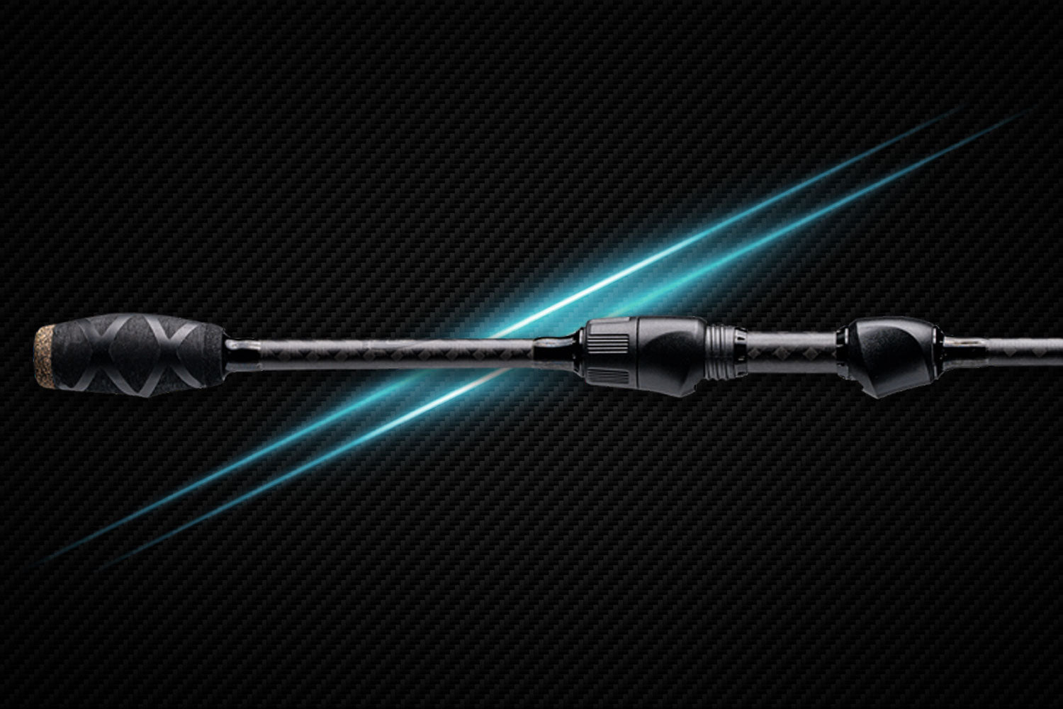 Myriad fishing rod by Denali with cork handle and graphite blank blue glow on carbon backdrop on Tampa Home & Garden Store