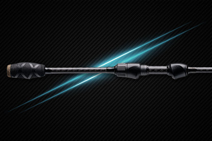 Myriad fishing rod by Denali with cork handle and graphite blank blue glow on carbon backdrop on Tampa Home & Garden Store
