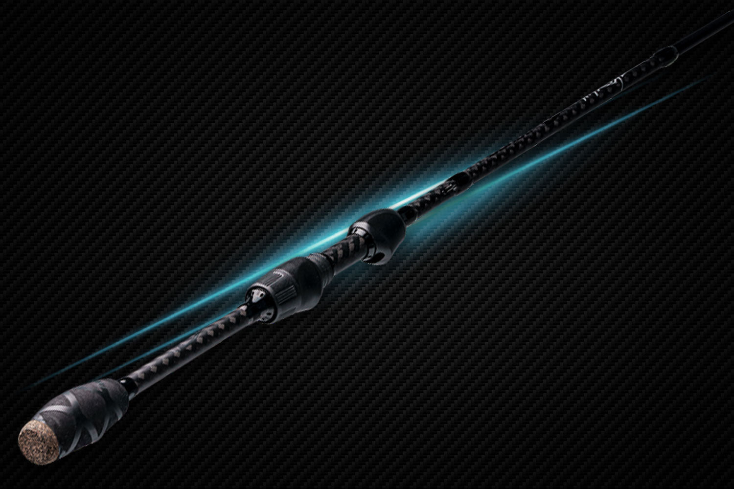 Myriad Denali carbon fiber fishing rod with cork handle and blue glow accent on Tampa Home & Garden Store