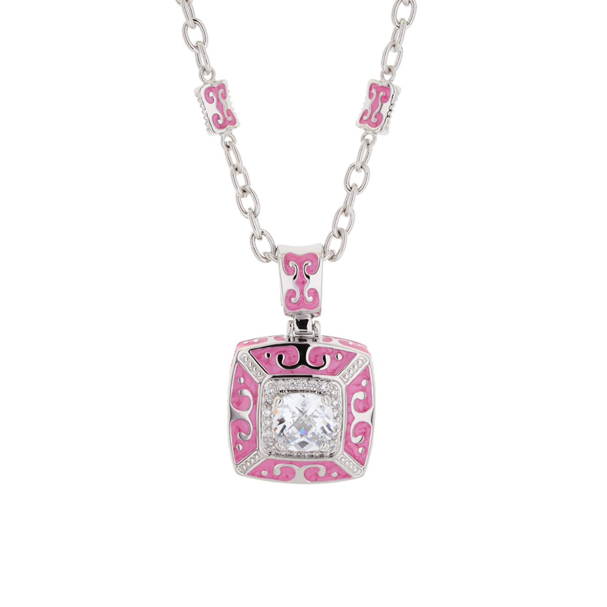 Enamel Engagement framed crystal pendant necklace pink enamel scrollwork by Lauren G Adams on Tampa Home & Garden Store