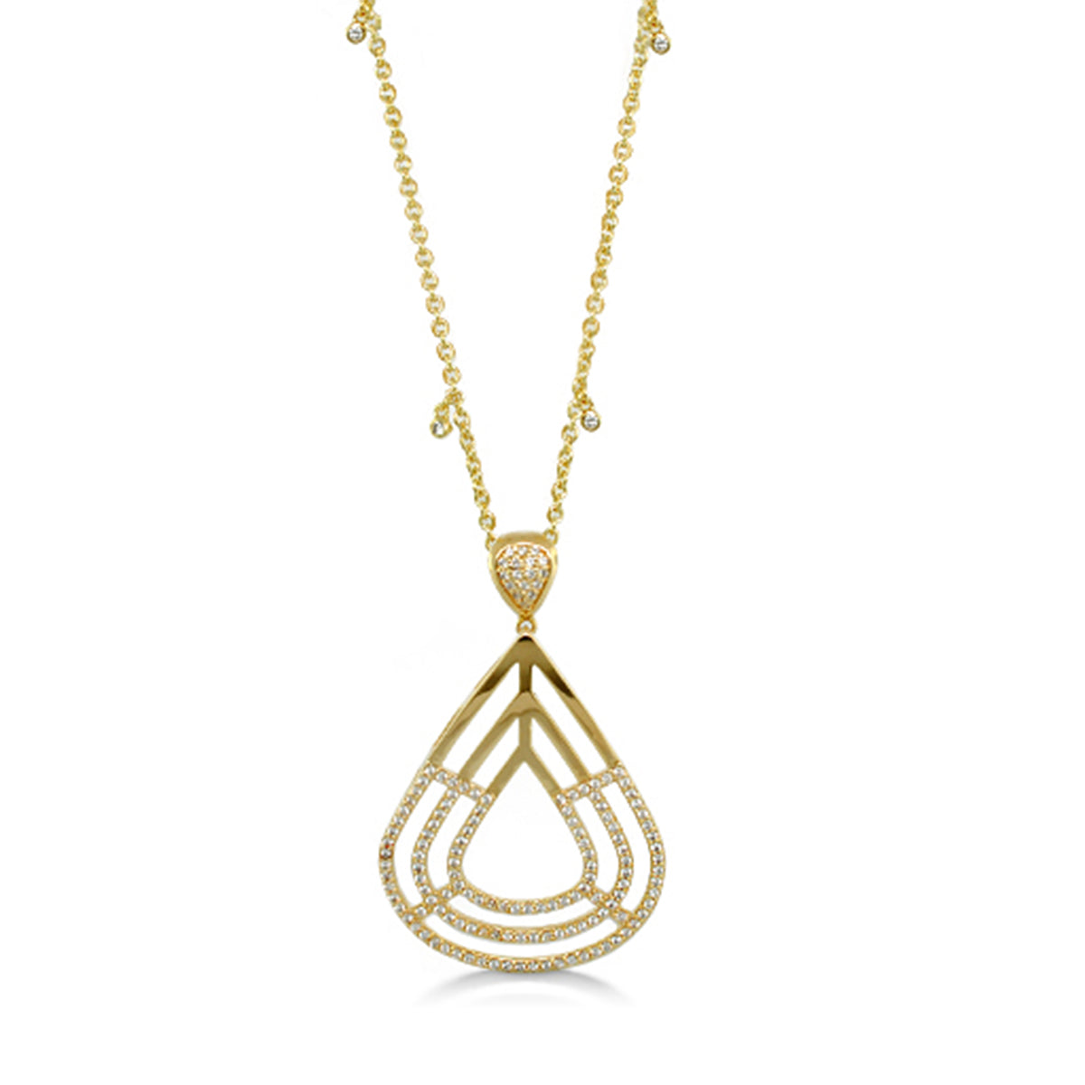 Orbital Pendant Necklace by Lauren G Adams, gold-tone teardrop pavé diamonds and layered rings on Tampa Home & Garden Store