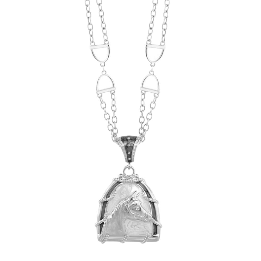 Equestrian Necklace with horse head pendant in silver frame on a double-link chain bail on Tampa Home & Garden Store