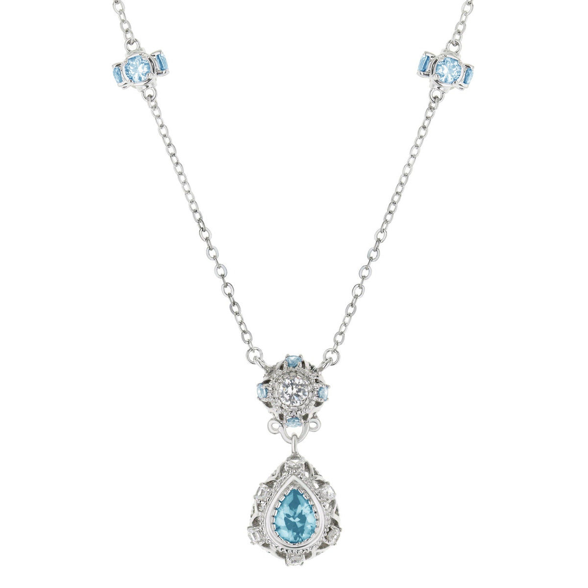 Classic Cz Necklace by Lauren G Adams with silver chain and blue teardrop pendant in a halo on Tampa Home & Garden Store