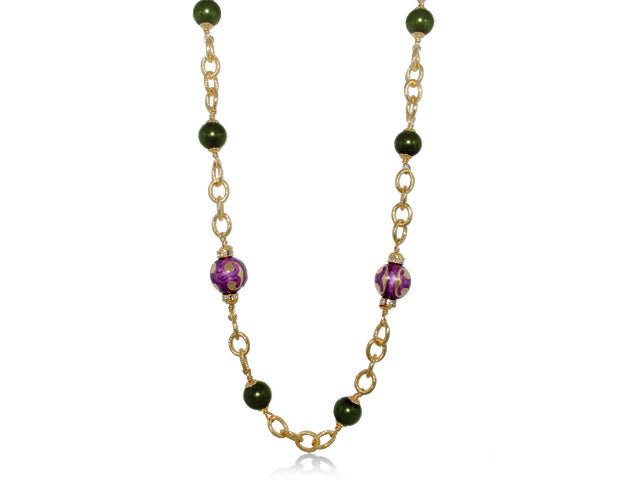 Beautiful Blossom Necklace gold-tone chain with green beads and purple marbled beads on Tampa Home & Garden Store