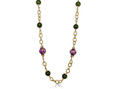 Beautiful Blossom Necklace gold-tone chain with green beads and purple marbled beads on Tampa Home & Garden Store
