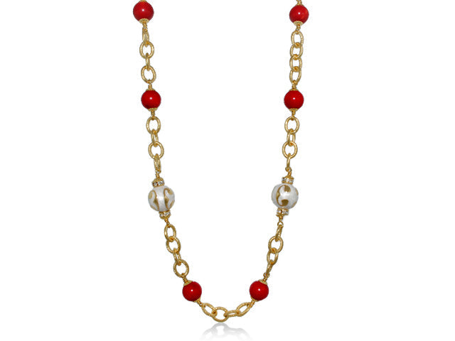 Beautiful Blossom Necklace by Lauren G Adams, red beads, white accents on gold-tone chain on Tampa Home & Garden Store