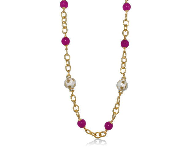 Beautiful Blossom Necklace by Lauren G Adams on goldtone chain with purple beads and white beads on Tampa Home & Garden Store