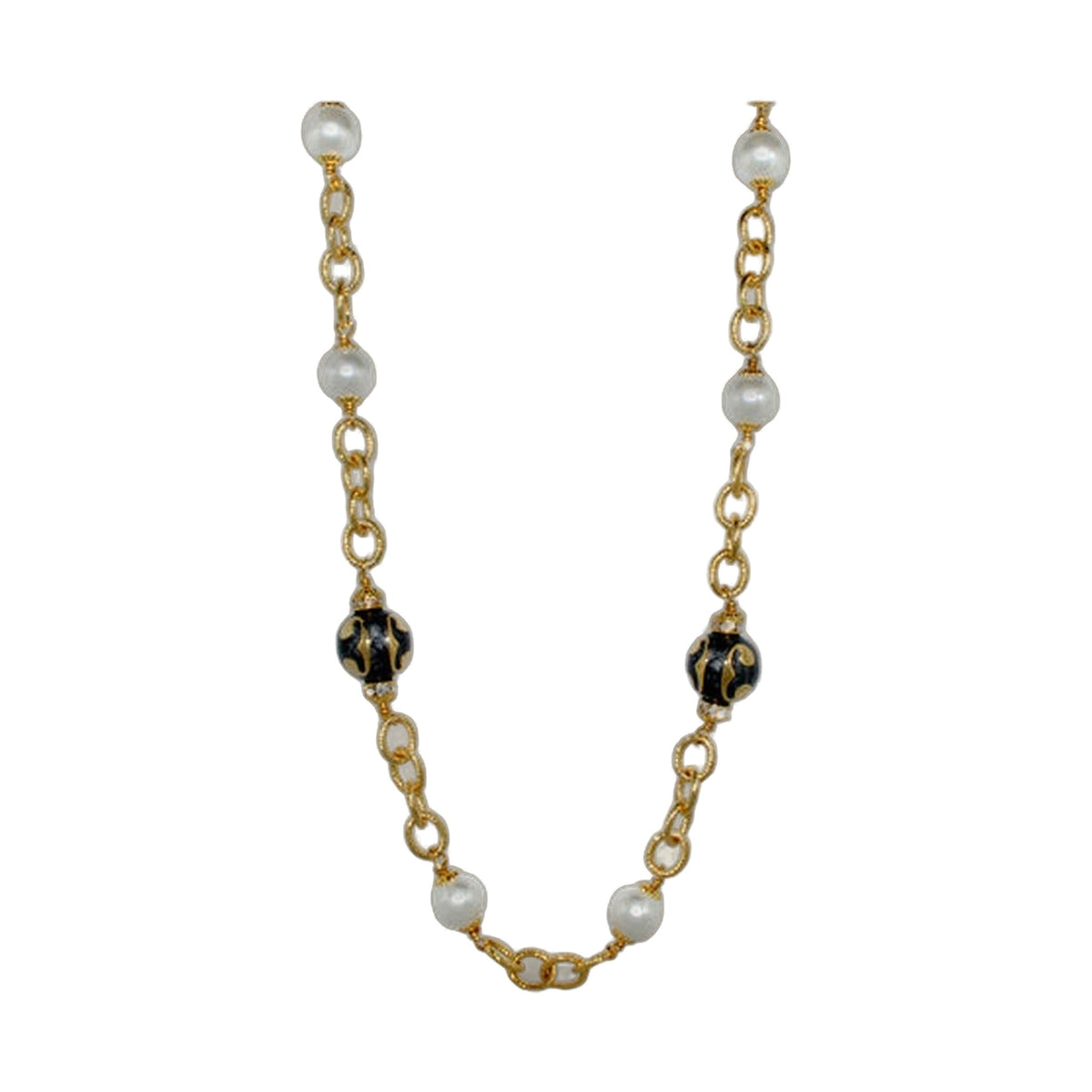 Beautiful Blossom Necklace, double-strand gold chain with white pearls and black-gold patterned beads on Tampa Home & Garden Store