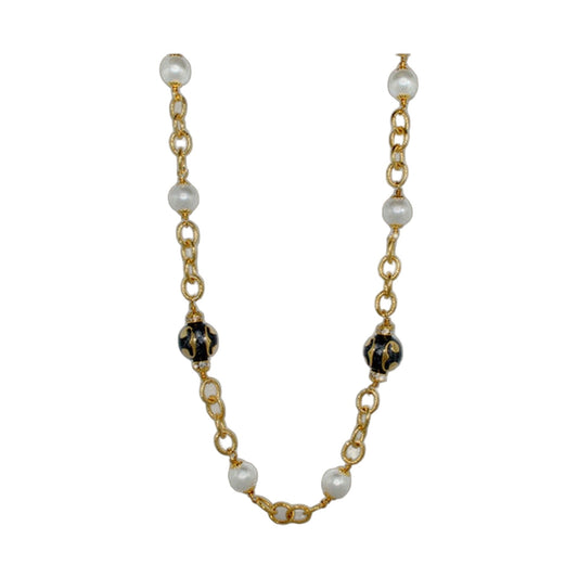 Beautiful Blossom Necklace, double-strand gold chain with white pearls and black-gold patterned beads on Tampa Home & Garden Store