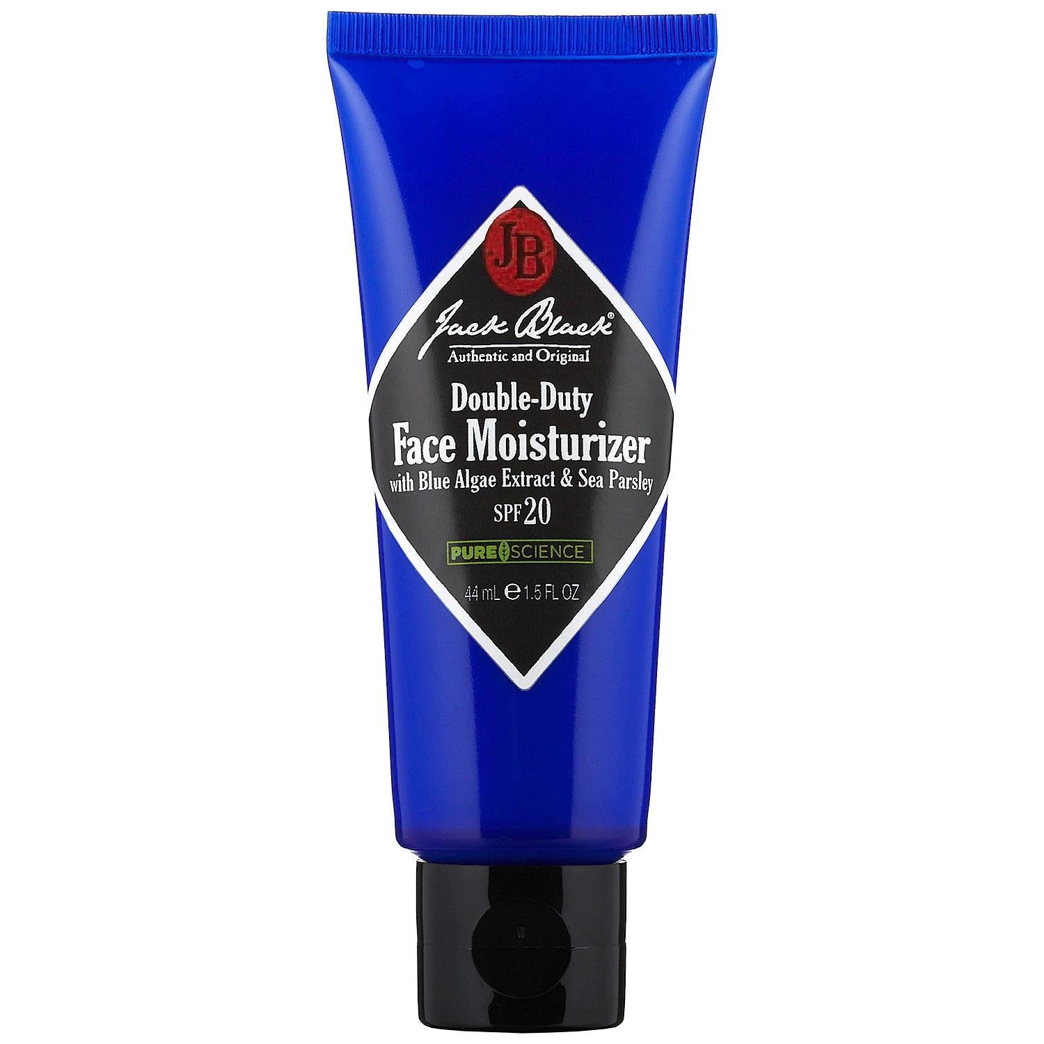 Jack Black Double-Duty Face Moisturizer SPF 20 tube, blue oil-free sunscreen with blue algae on Tampa Home & Garden Store