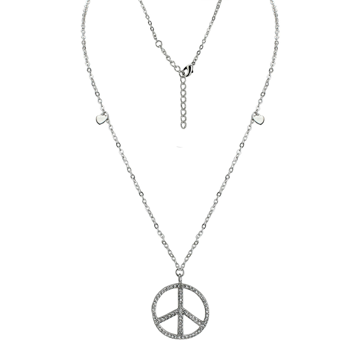 Pave Peace Necklace pendant with pave peace symbol and tiny heart charms on silver chain on Tampa Home & Garden Store