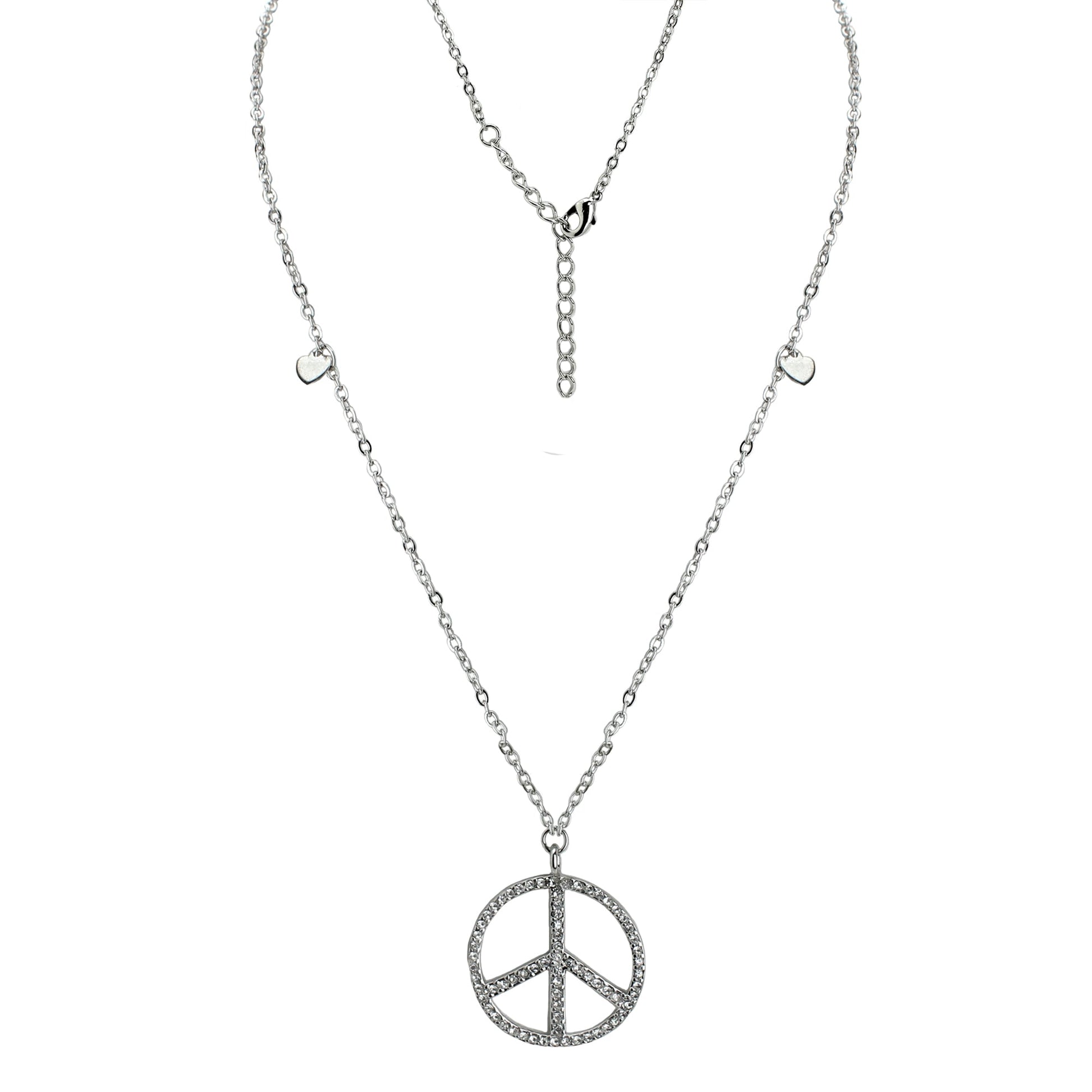 Pave Peace Necklace pendant with pave peace symbol and tiny heart charms on silver chain on Tampa Home & Garden Store