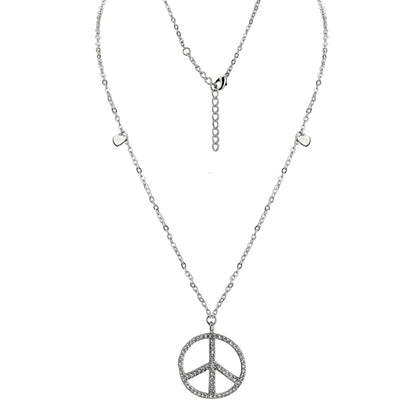 Pave Peace Necklace pendant with pave peace symbol and tiny heart charms on silver chain on Tampa Home & Garden Store