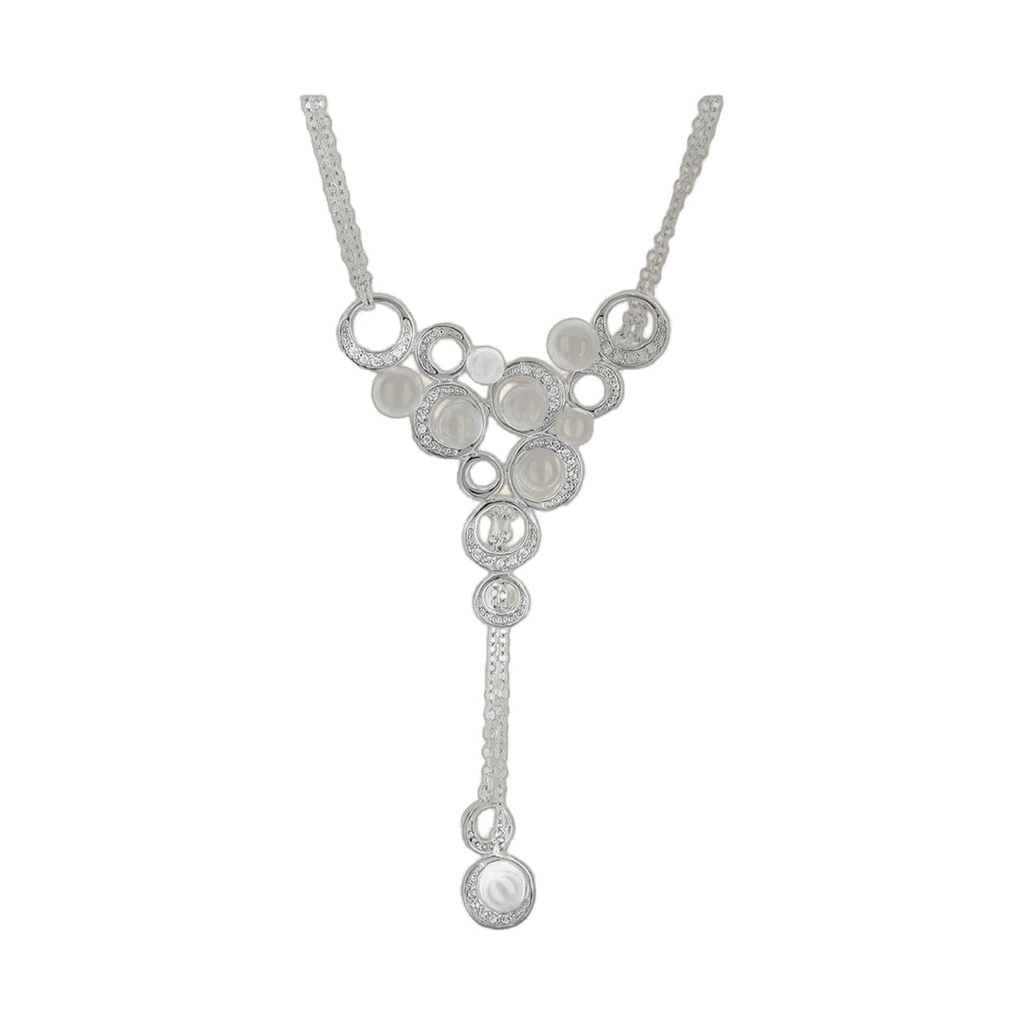 Bridal necklace by Lauren G Adams with a Y-shaped pendant of crystal rings and pearl cabochons on Tampa Home & Garden Store