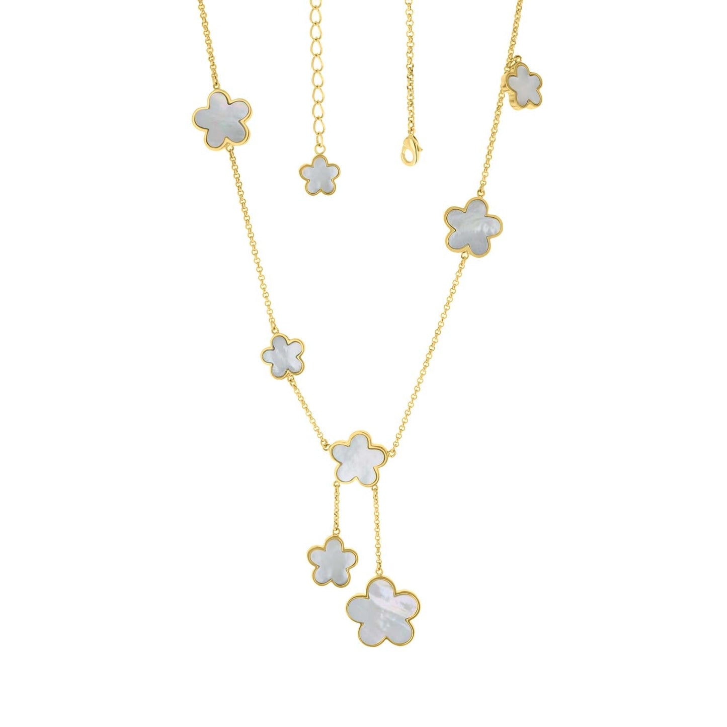 Daisy Love Gemstone Necklace — Y‑Drop by Lauren G Adams, gold-tone chain with white mother-of-pearl flower charms on Tampa Home & Garden Store
