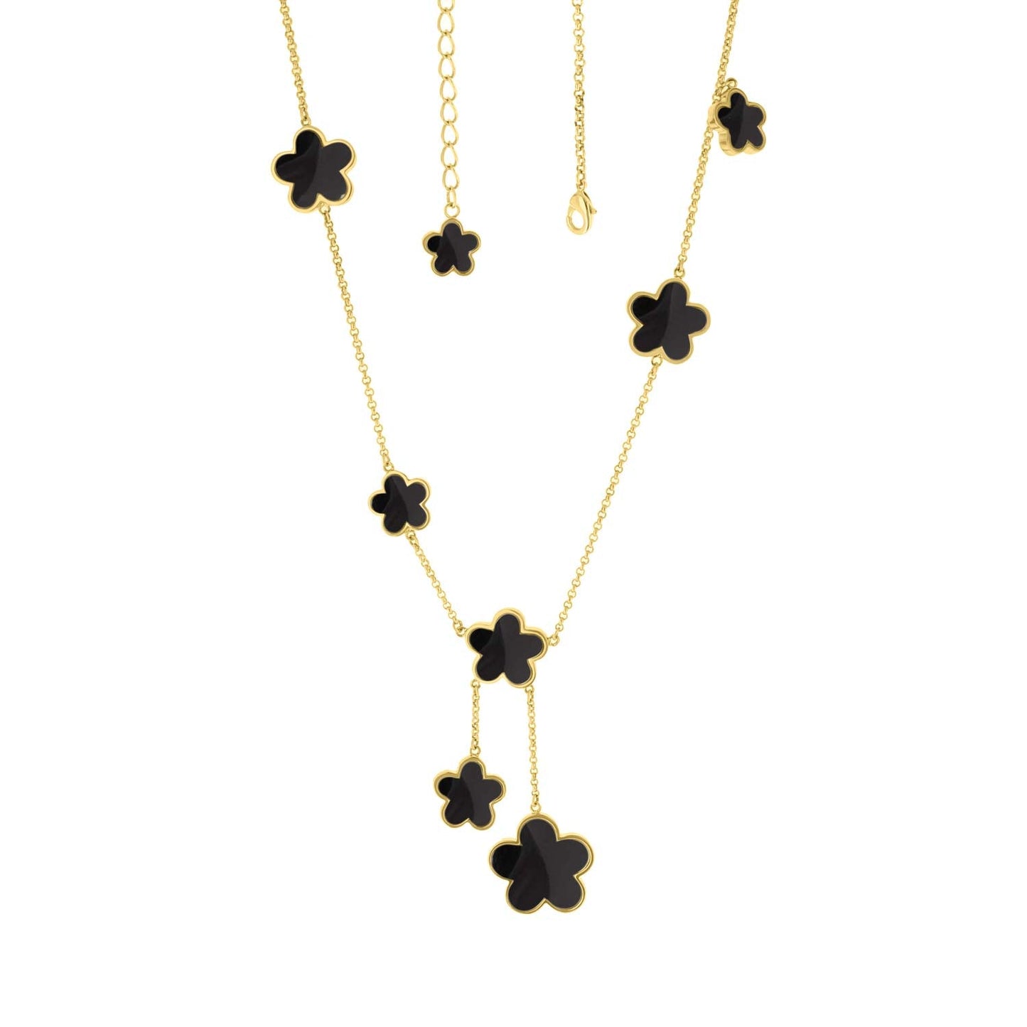 Daisy Love Gemstone Necklace — Y-Drop gold-tone chain with black enamel clover charms on Tampa Home & Garden Store