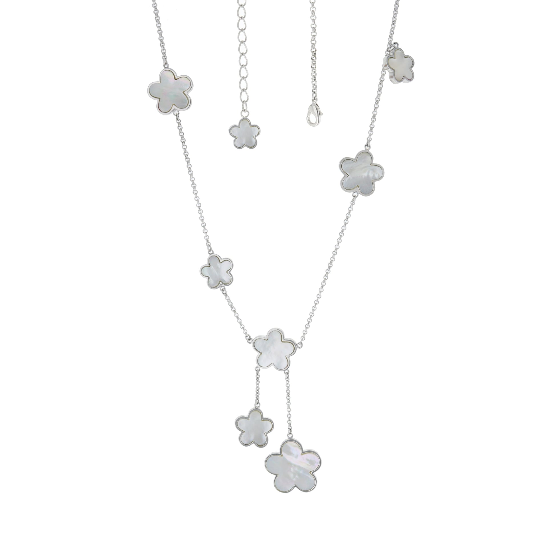 Daisy Love Gemstone Necklace — Y-Drop, silver chain with mother-of-pearl flower charms on Tampa Home & Garden Store