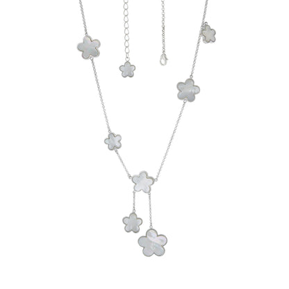 Daisy Love Gemstone Necklace — Y-Drop, silver chain with mother-of-pearl flower charms on Tampa Home & Garden Store