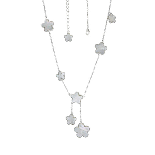 Daisy Love Gemstone Necklace — Y-Drop, silver chain with mother-of-pearl flower charms on Tampa Home & Garden Store