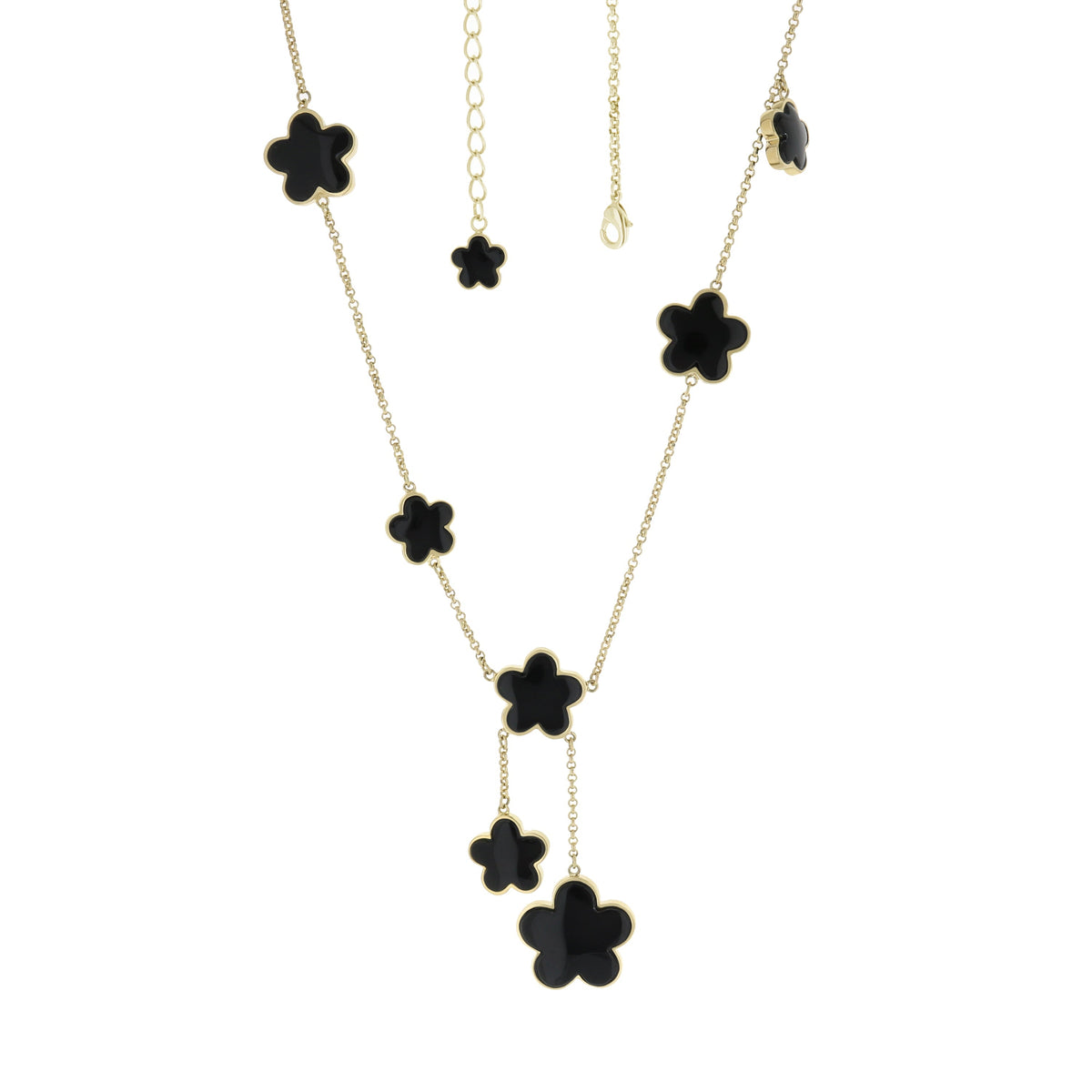 Daisy Love Gemstone Necklace Y-Drop; gold-tone chain with black enamel clover charms on Tampa Home & Garden Store