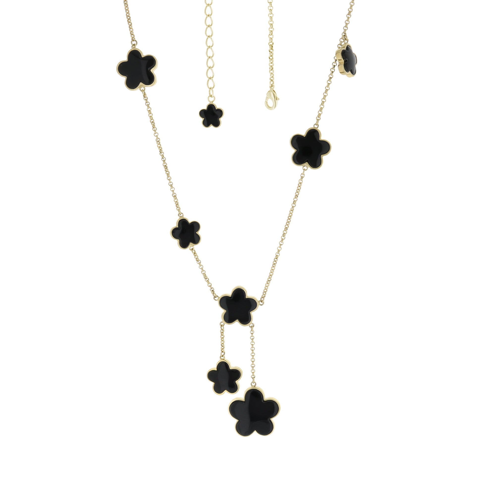 Daisy Love Gemstone Necklace Y-Drop; gold-tone chain with black enamel clover charms on Tampa Home & Garden Store