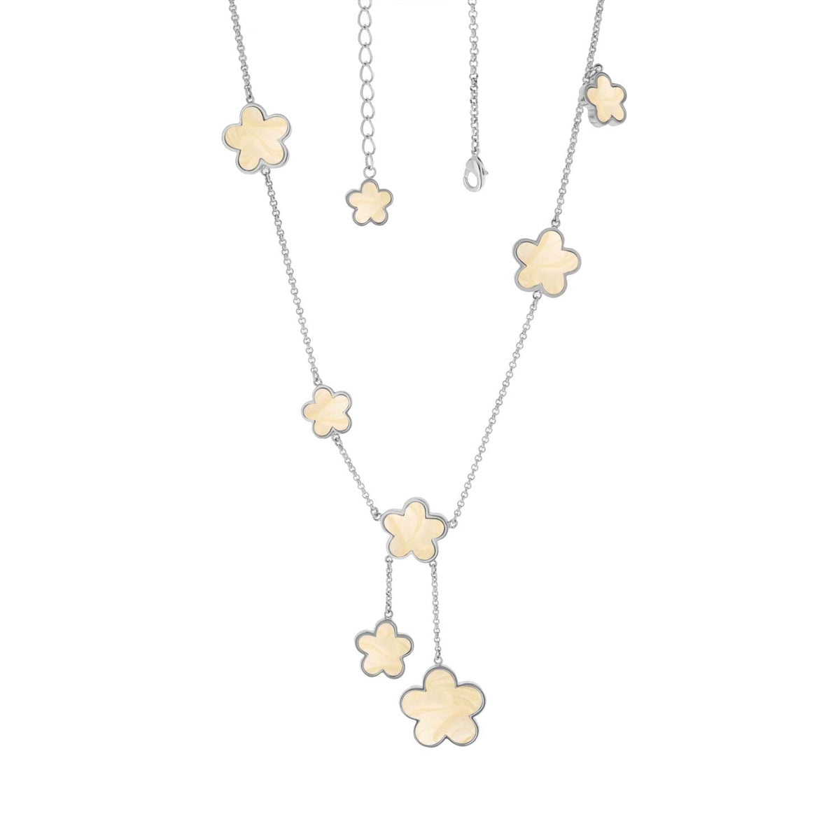 Daisy Love Necklace Flower Y-Drop by Lauren G Adams, cream flower charms on a silver chain, long layered necklace on Tampa Home & Garden Store