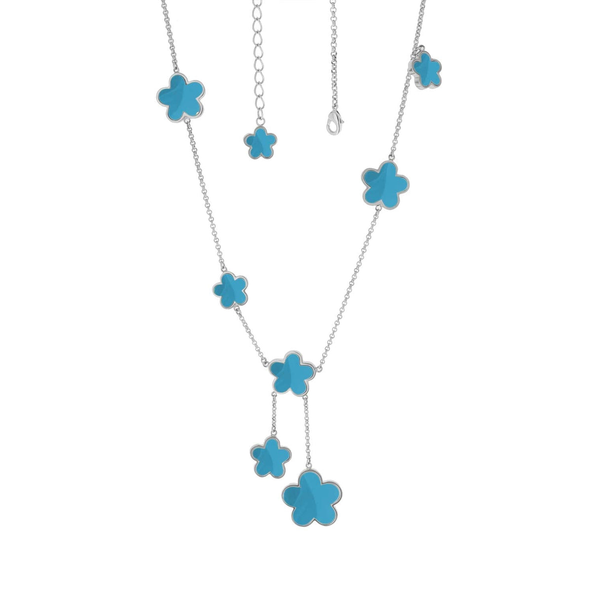 Daisy Love Necklace Flower Y-Drop by Lauren G Adams with blue enamel flowers on silver chain on Tampa Home & Garden Store