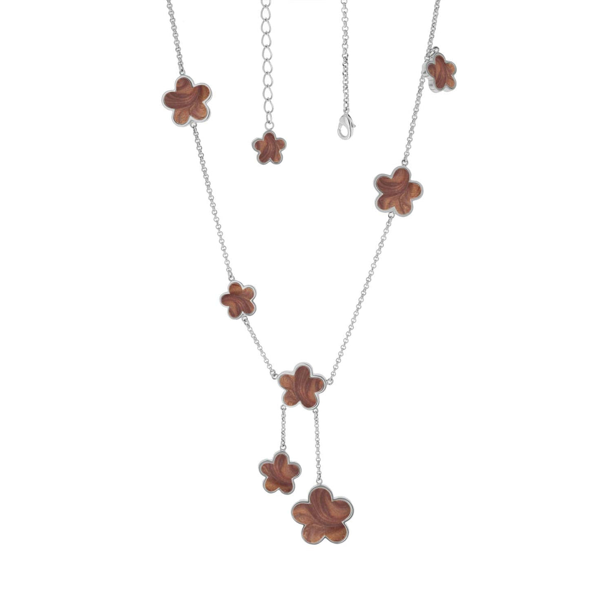 Daisy Love Necklace Flower Y-Drop by Lauren G Adams silver chain with woodtone four-petal flowers on Tampa Home & Garden Store
