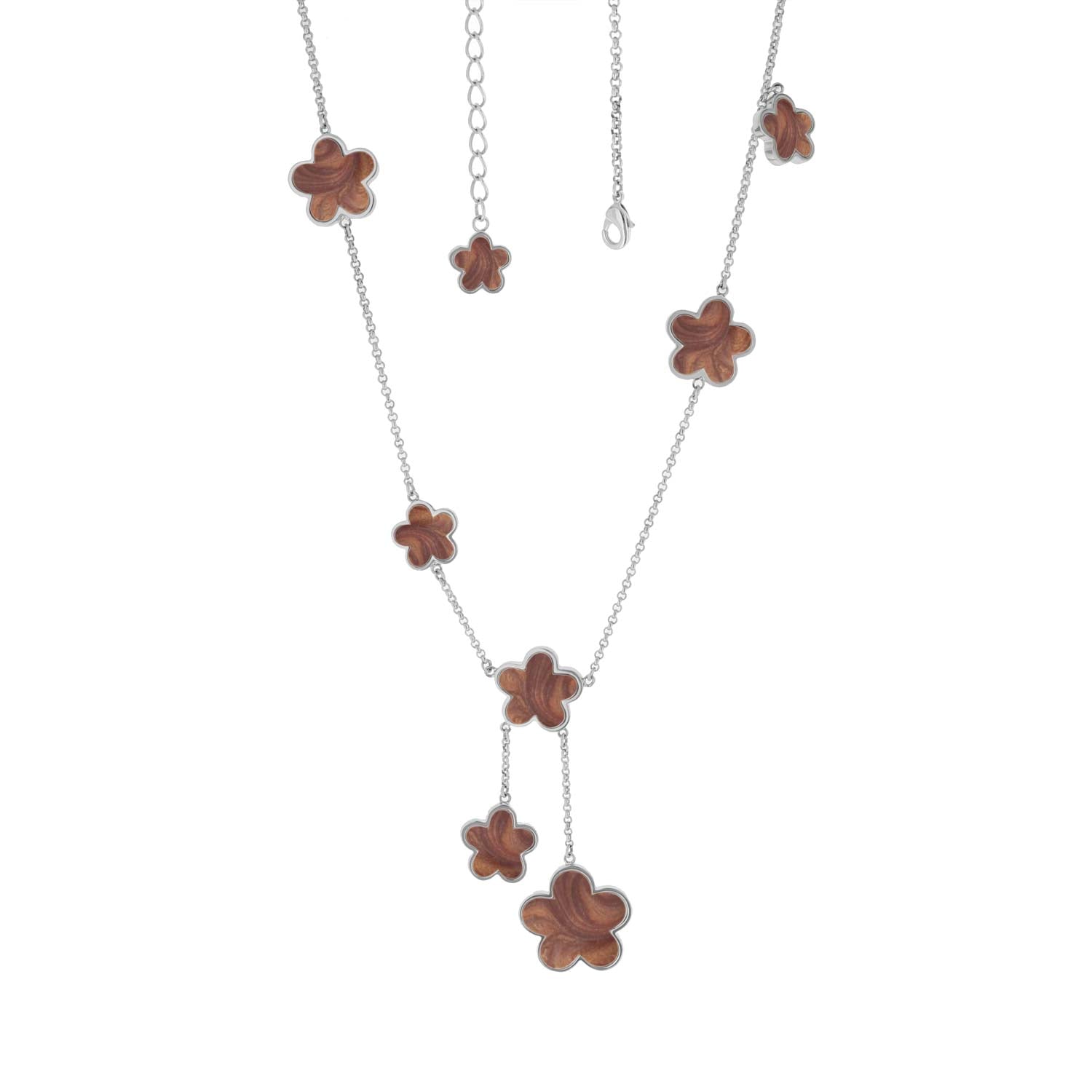 Daisy Love Necklace Flower Y-Drop by Lauren G Adams silver chain with woodtone four-petal flowers on Tampa Home & Garden Store