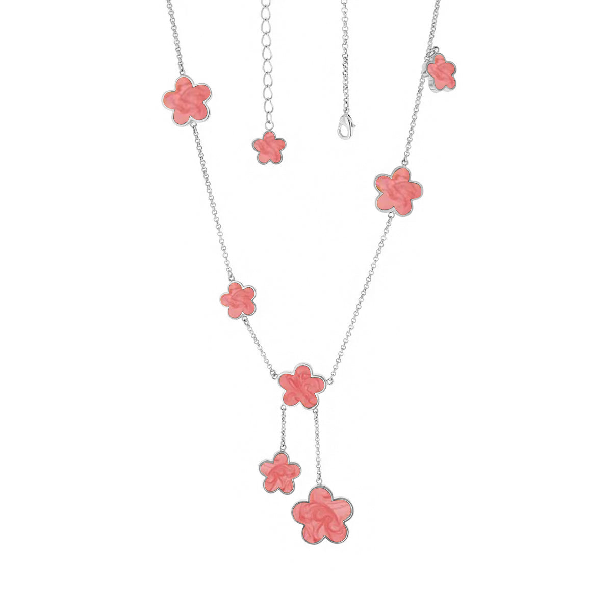 Daisy Love Necklace Y-Drop Lauren G Adams; silver chain with coral pink flowers Y design on Tampa Home & Garden Store