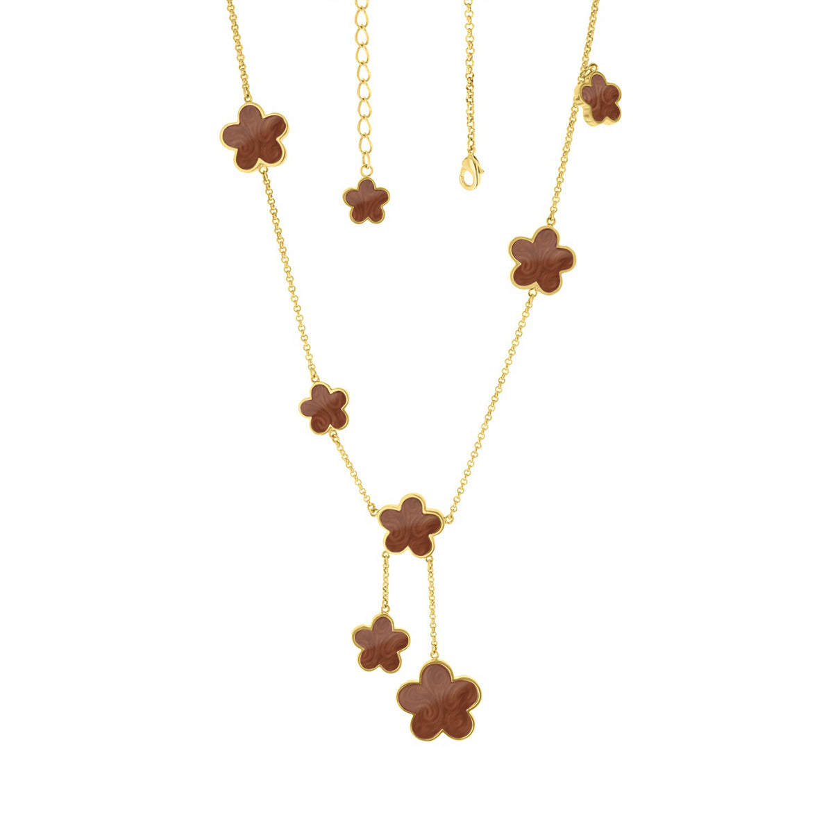 Daisy Love Necklace — Flower Y-Drop, gold-tone chain with brown enamel clover charms by Lauren G Adams, Necklaces on Tampa Home & Garden Store